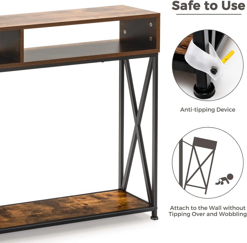 Tavolo Consolle Ingresso, Tavolini Stretto a 3 Ripiani, Salvaspazio e Multiuso, in Ferro, Industriale, Portata di 45 kg, 120x23x79cm, 3 Colori Disponibili, Nero/Bianco/Marrone