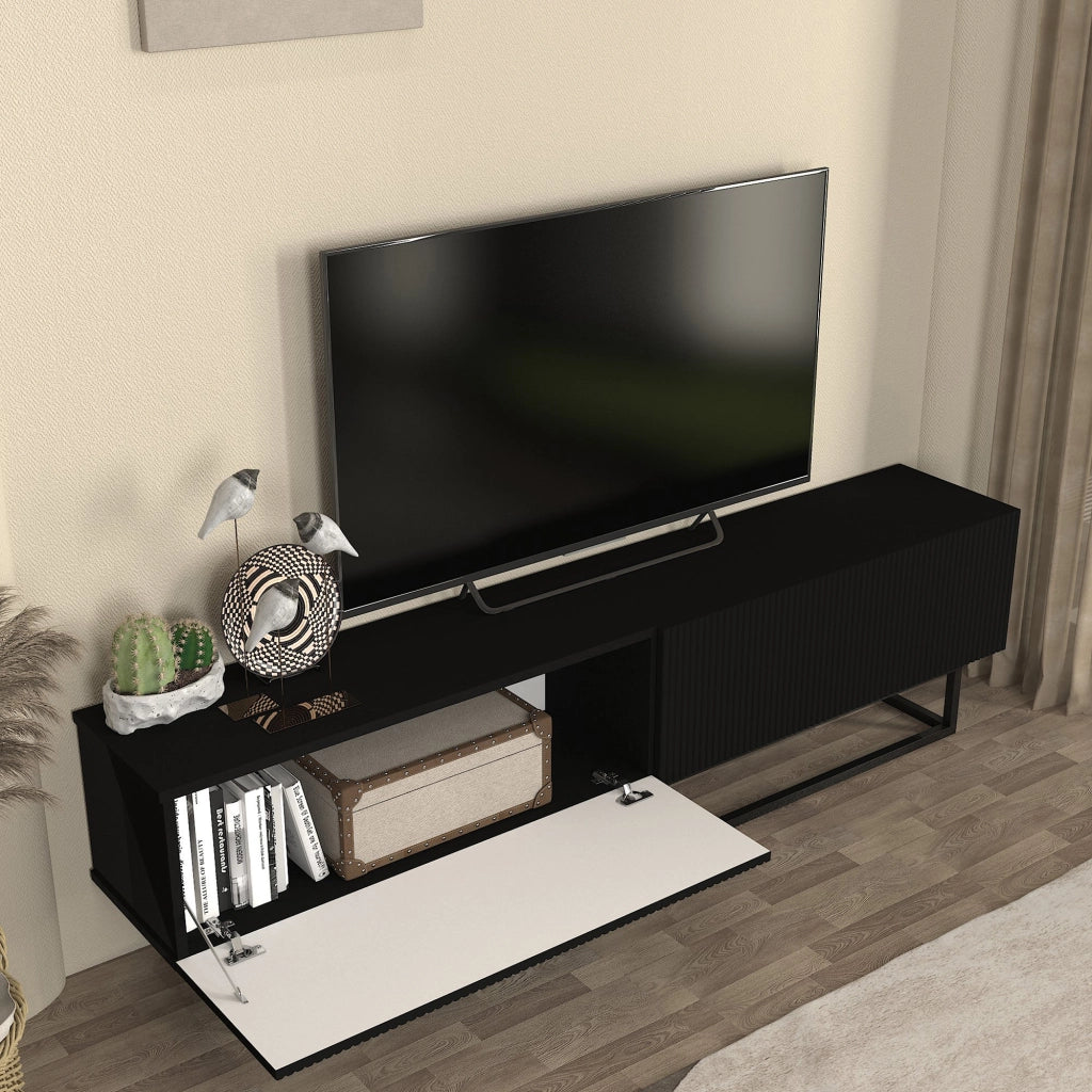 Mobile Porta TV Verpsboga a 2 Ante Decorative e Telaio in Metallo 180x32x47 cm - Nero [en.casa]