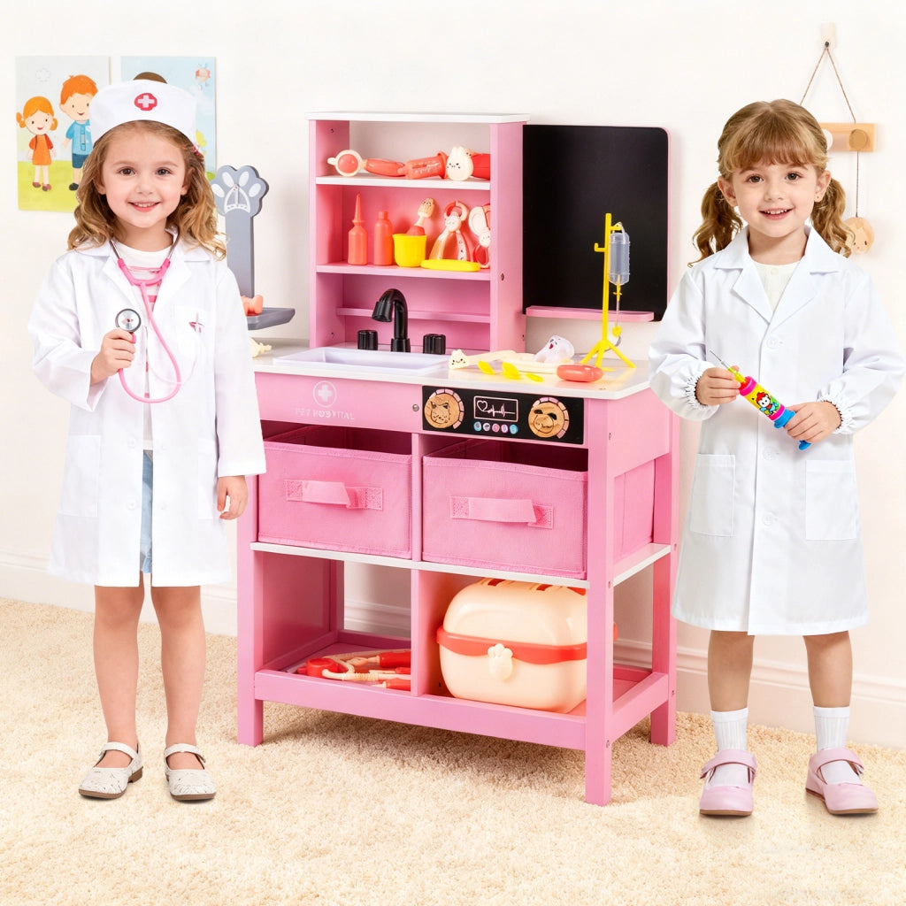 Set gioco medico legno centro medico lavagna bilancia animali rubinetto lavandino-Set ospedale tavolo pieghevole cassetti valigetta accessori Rosa