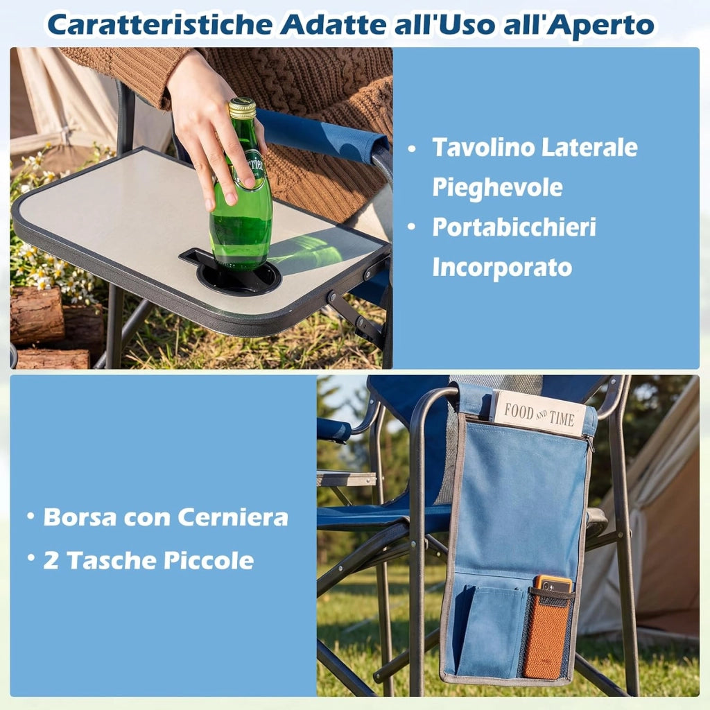Sedia da Campeggio Pieghevole, Sedia da Regista con Tavolino Laterale, Portabicchieri e Tasca Portaoggetti, Portata 180 kg, Poltrona da Esterno per Spiaggia, Pesca e Picnic (Blu)