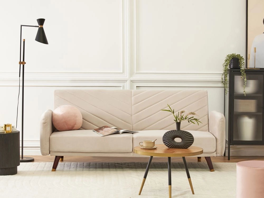 Divano Letto Tessuto Velluto Beige Soggiorno Retrò 3 Posti Gambe In Legno Bracci Pista