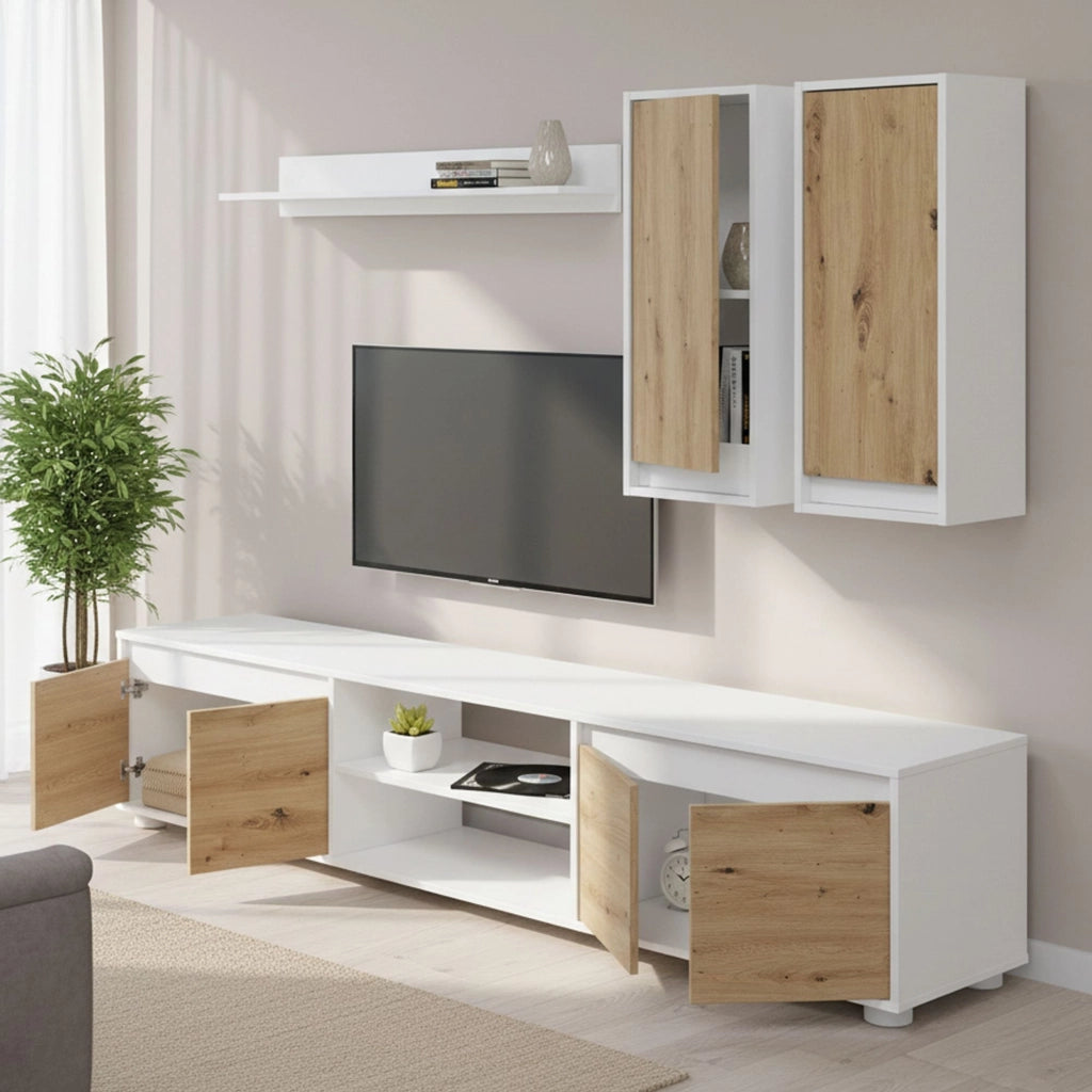 Parete attrezzata Astulo, Set da soggiorno, Mobile salotto multiuso, Composizione per salotto moderno, 200x40h114 cm, Bianco e Rovere