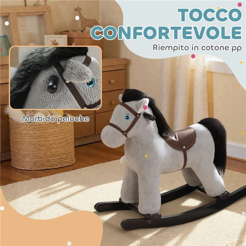 CAVALLO A DONDOLO CON SUONI PER BAMBINI DA 2-5 ANNI E ANIMALE DI PELUCHE INCLUSO, LEGNO E ACCIAIO, GRIGIO