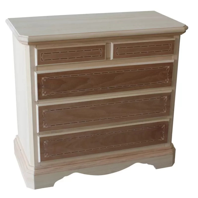 cassettiera classica 5 cassetti intarsi legno grezzo 90x45x84 (267) - Mobili 2G