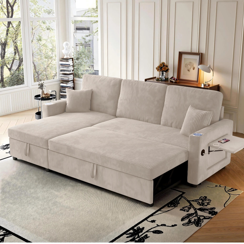 Divano Angolare Convertibile Modulare con vano contenitore, portabicchieri e tasca laterale, in velluto a coste Beige