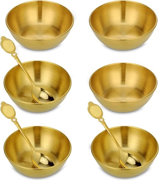 Set di Ciotole per Dipingere 6 - Ciotole in Acciaio Inossidabile con Finitura in Oro - Ciotole per Tapas - Ciotole Piccole per Dipingere - Ciotole per Antipasto Salsa e Snack - Ciotole per Snack Laccate - Inclusi 3 Cucchiai e Piatti di Presentazione