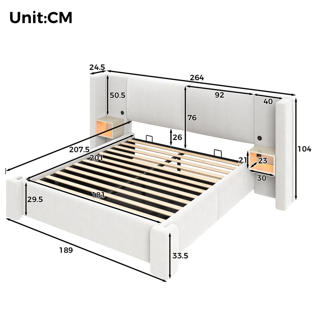 Letto matrimoniale contenitore 180x200 cm in lino beige con LED e comodini HAVRYA