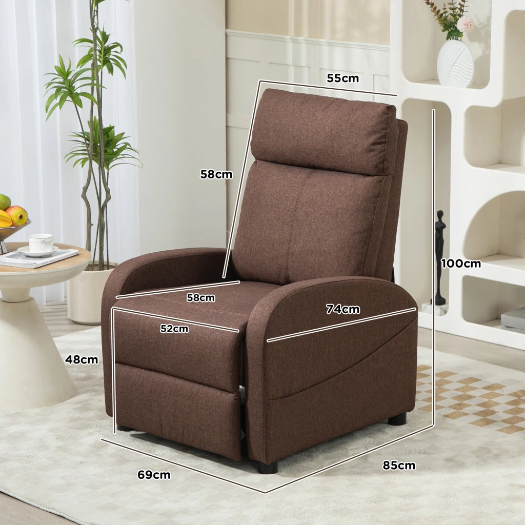 Poltrona Relax Reclinabile con Poggiapiedi in Tessuto Effetto Lino, 69x85x100 cm, Marrone