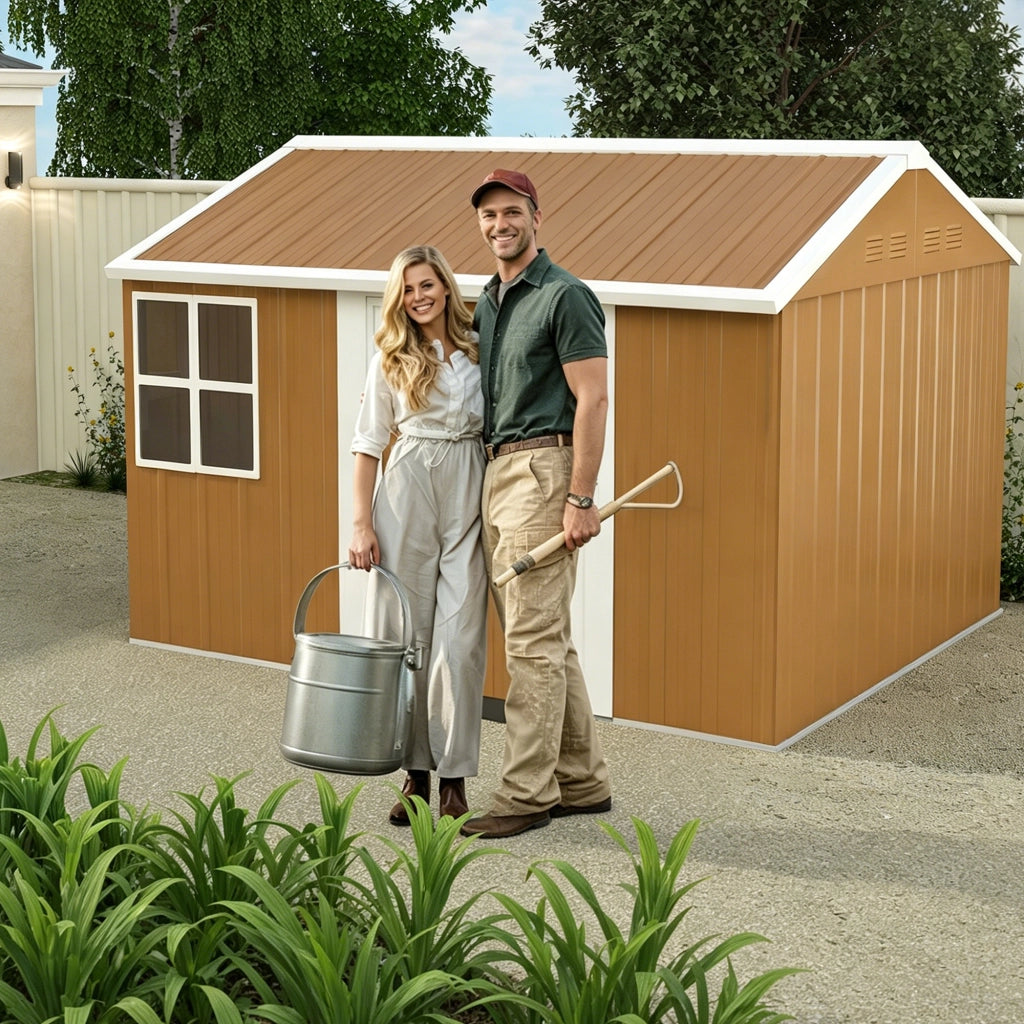 Armadio da giardino in acciaio con doppie porte scorrevoli, ventilazione e tetto a due falde marrone 296 × 233 × 194 cm