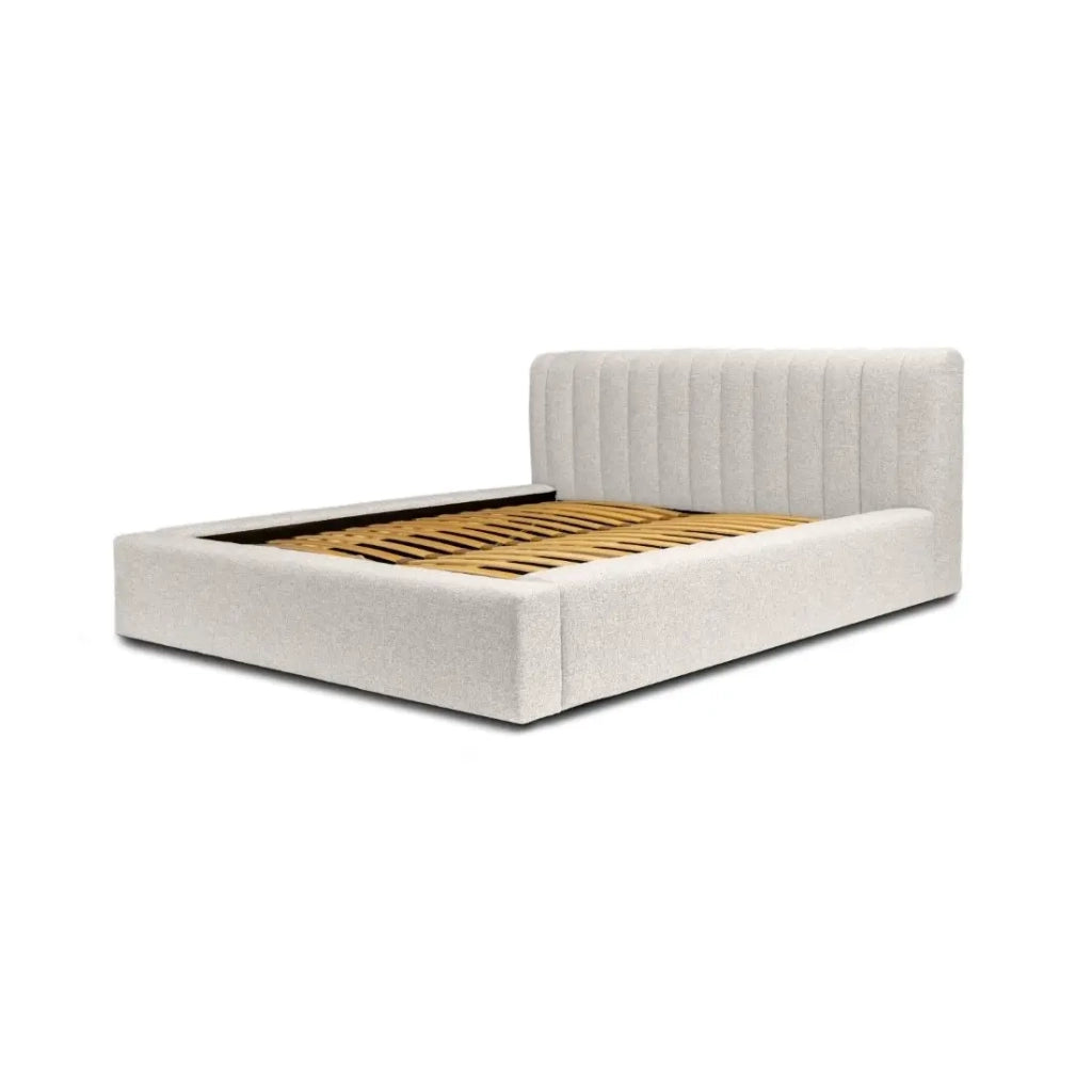 Lit coffre CERVIN – Tessuto bouclé Sabbia nuvolosa – 160x200 cm – Rete sollevabile – Design contemporaneo