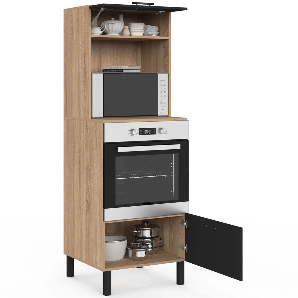 IDMarket - CINA Armadio forno/microonde a colonna da 60 cm a 2 porte, nero e faggio