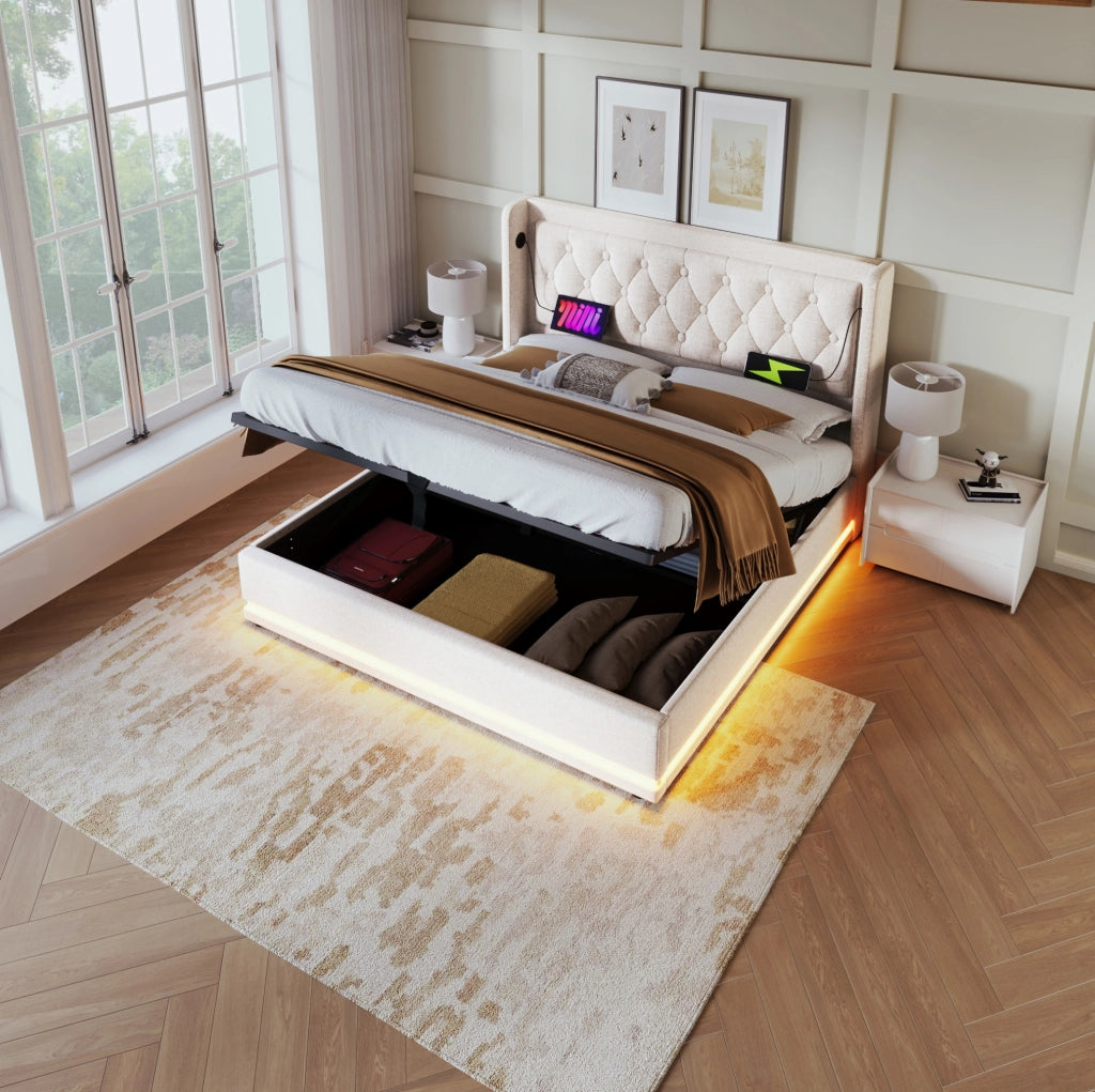 Letto matrimoniale 140x200 cm con contenitore; LED e USB-C; cotone beige