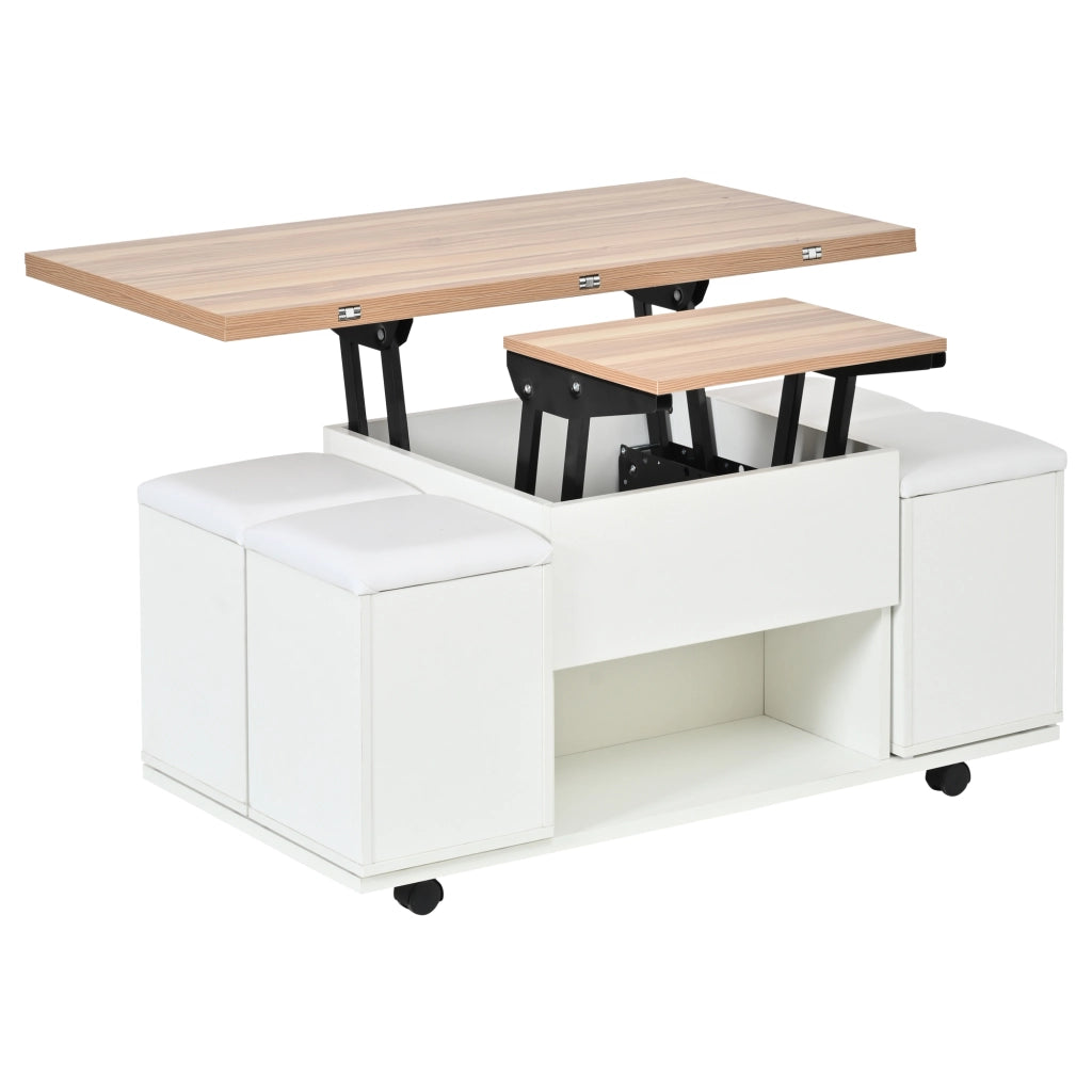 Tavolino da salotto, con altezza del piano regolabile, dotato di vano portaoggetti, trasformabile in tavolo da pranzo/scrivania, con rotelle, 4 sgabelli, bianco e color legno naturale