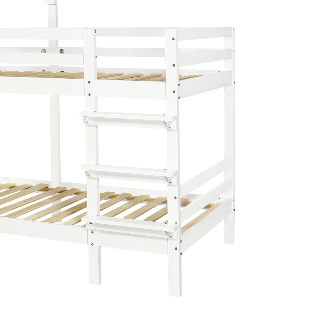 Letto a castello 90x200 cm con finestre e tetto; scala; in legno e MDF bianco
