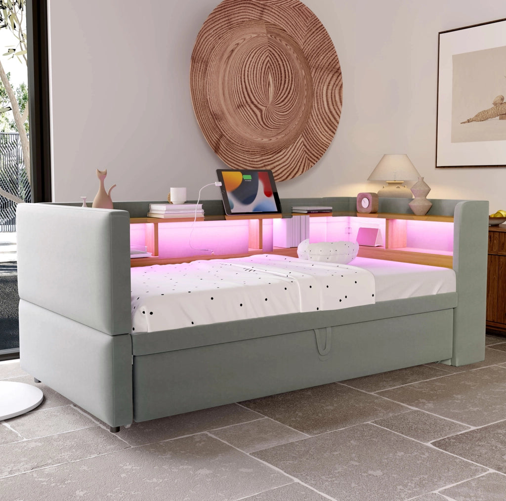 Divano letto 90/180 x 190 cm; con vani portaoggetti; Flanella; Grigio chiaro