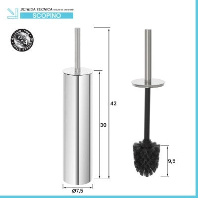 Portascopino tondo slim in acciaio inox 304 setole nere e secchio estraibile
