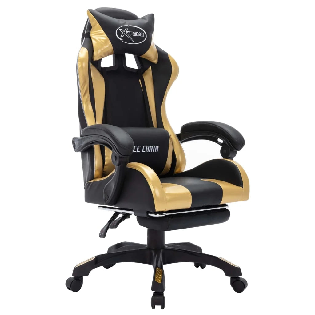 Sedia girevole da ufficio/studio per uso computer videogiochi con illuminazione LED RGB dorata e similpelle dorata 02_0024204