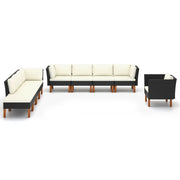 Set Divani da Giardino 9pz Polyrattan Legno di Eucalipto Nero 3082089