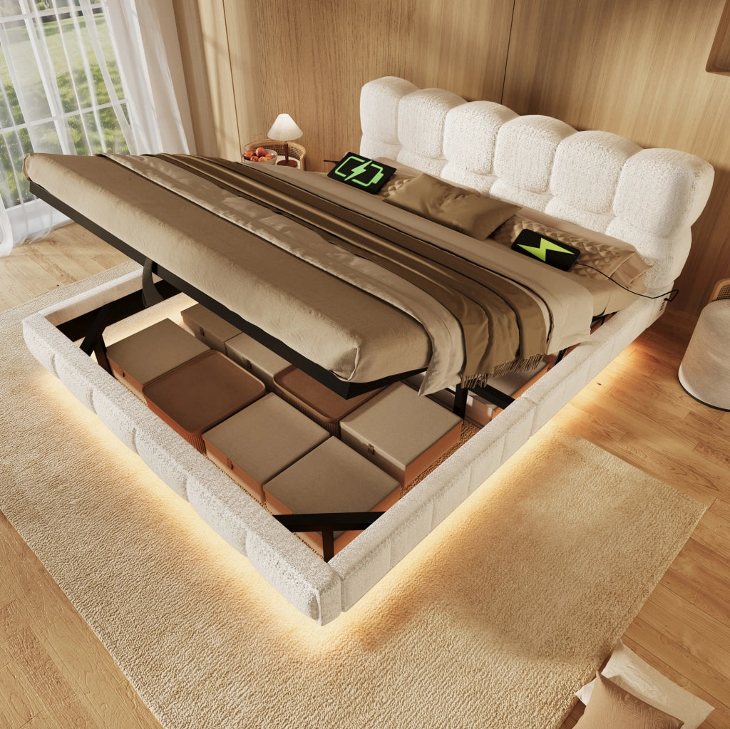 Letto imbottito 140x200 cm con contenitore, LED e USB in ciniglia beige