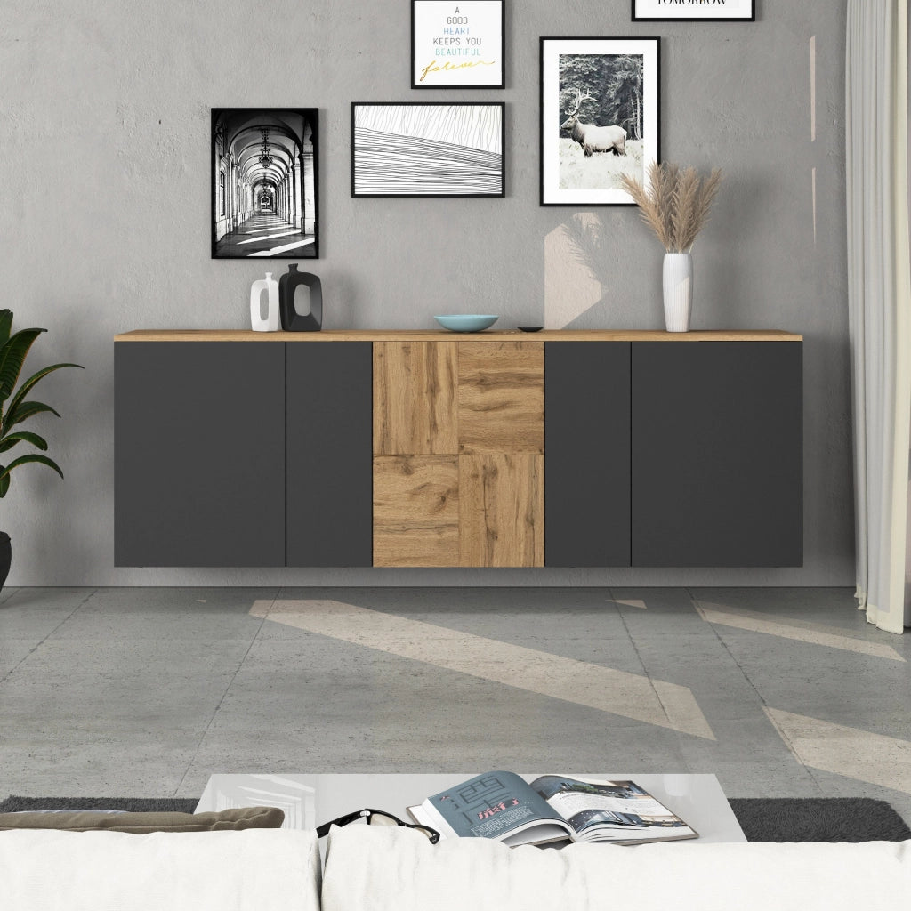 WHOUS Credenza sospesa Iseo con 5 ante e 10 scomparti interni antracite opaco e rovere 200x35x70 cm