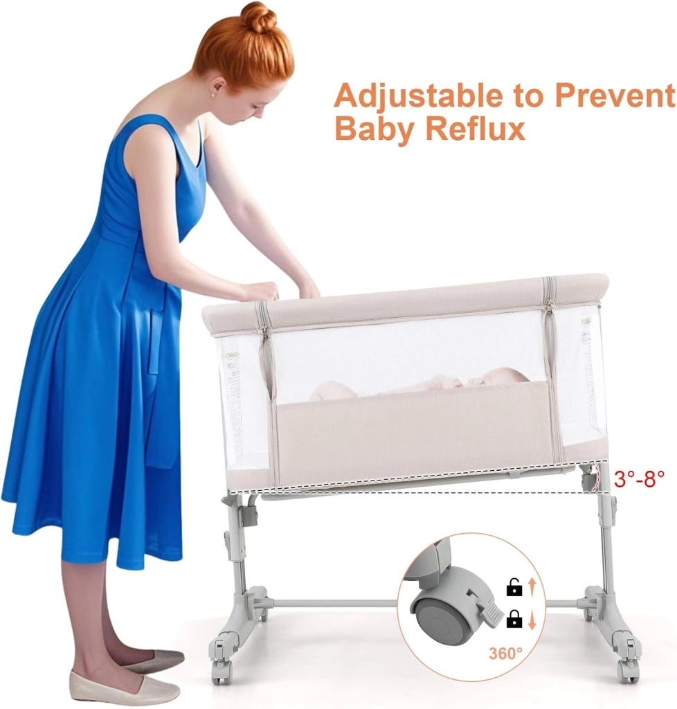 3 in 1 Culla Neonato Fianco Letto, Lettino Neonato Dondolo con Materasso, Culla Co-Sleeping Fino a 9 kg, Altezza Regolabili, 84 x 59,5 x 80,5cm (Beige)