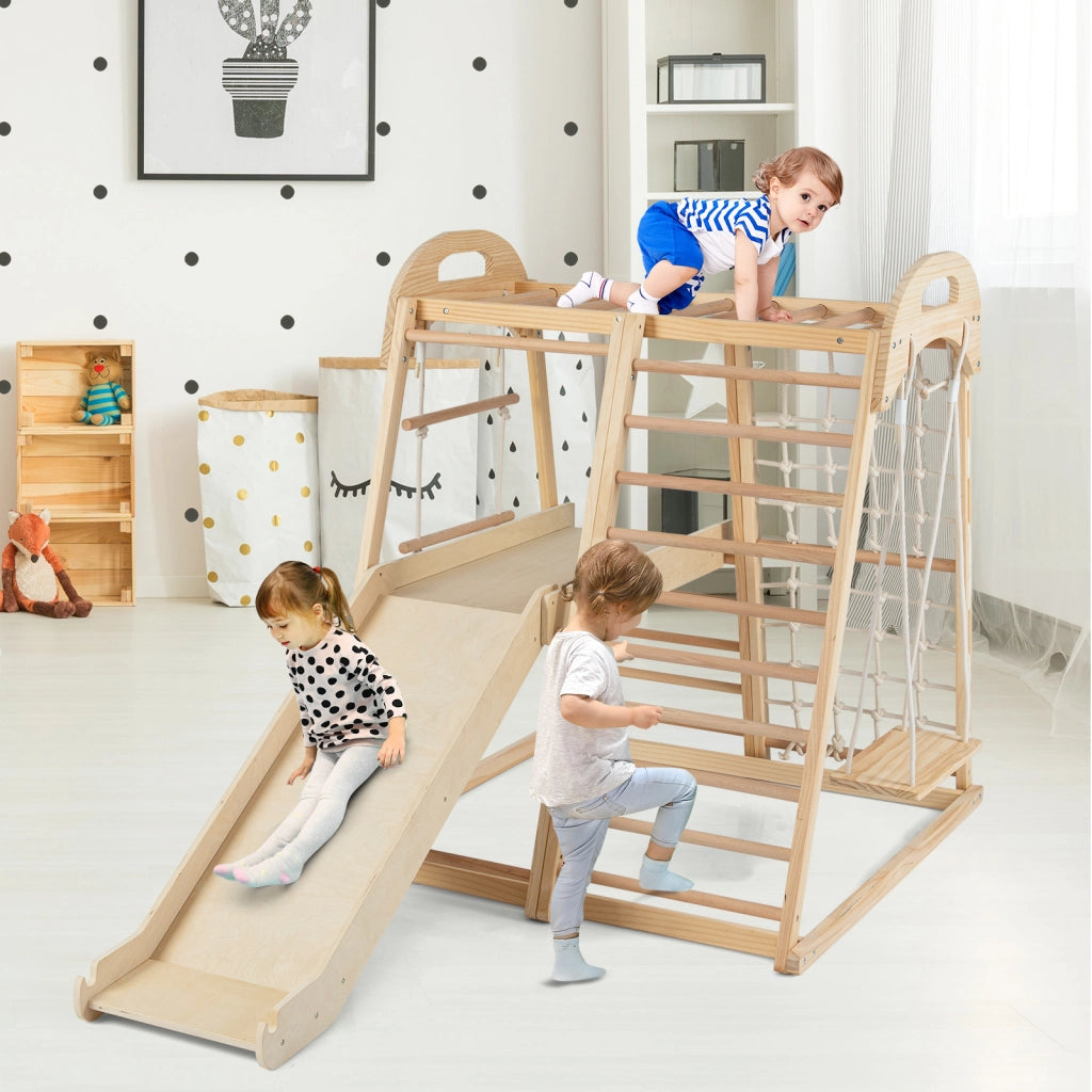 Set da arrampicata in legno con scivolo barra delle scimmie scala a corda-Palestra per bambini 8 in 1 con piattaforma Naturale