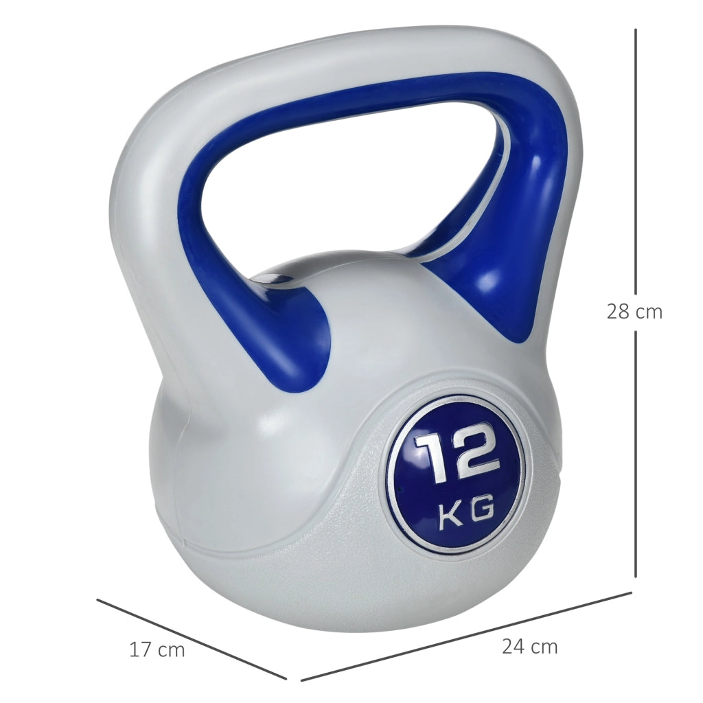 EasyComfort Kettlebell 12kg in PU e Sabbia con Base Piatta e Impugnatura per Stacchi, Squat e Sollevamenti, 24x17x28 cm, Blu