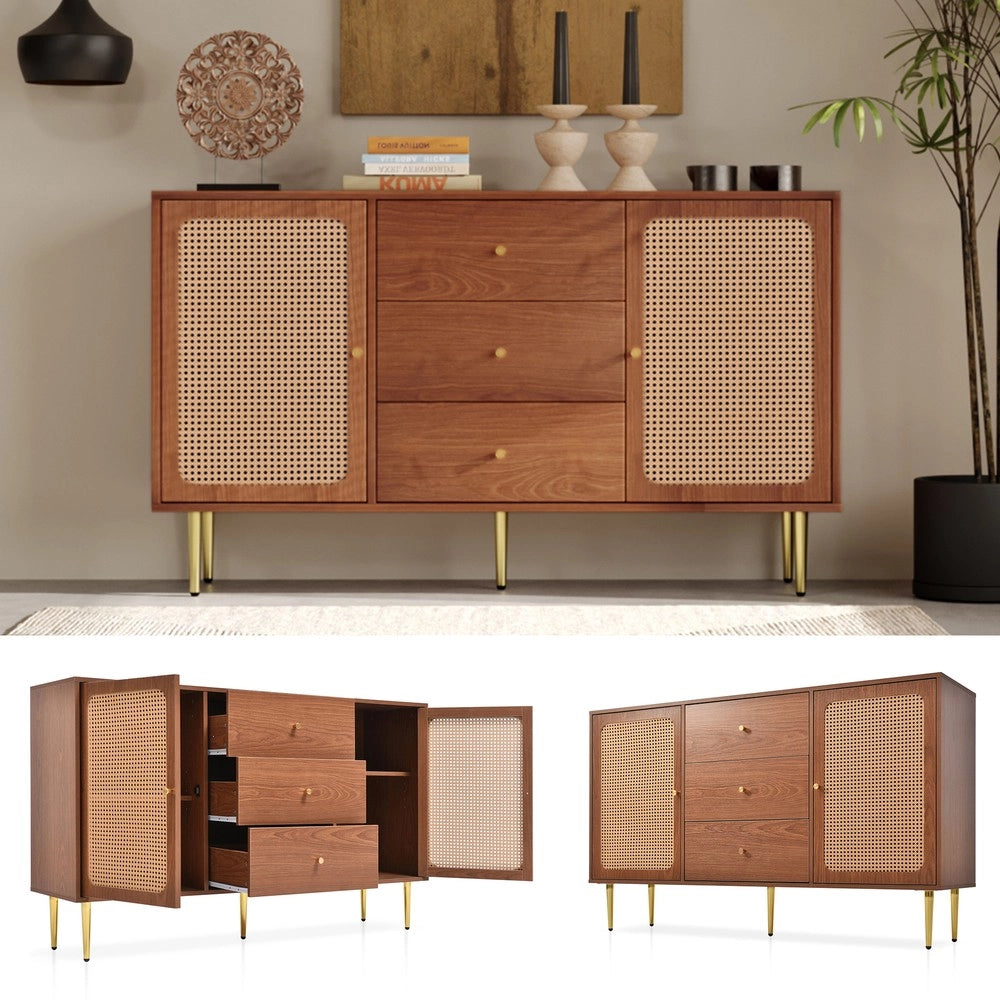 Cassettiera con 2 Ante e 3 Cassetti in Rattan ¨C MINIMAL ¨C Noce 150x40x90 cm