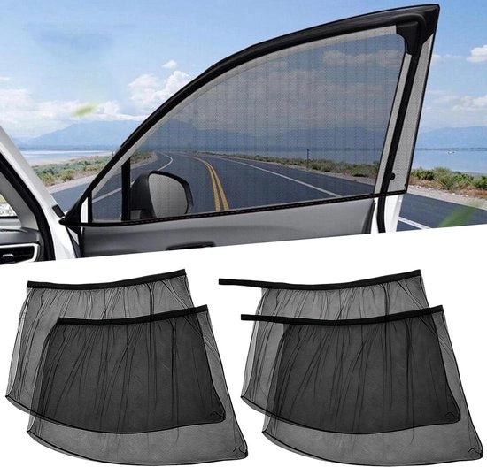 Set di schermature per auto da quattro pezzi Nero Tessuto a mesh respiro Elastici per schermature per auto per vetri laterali - Ombreggiatura universale per auto