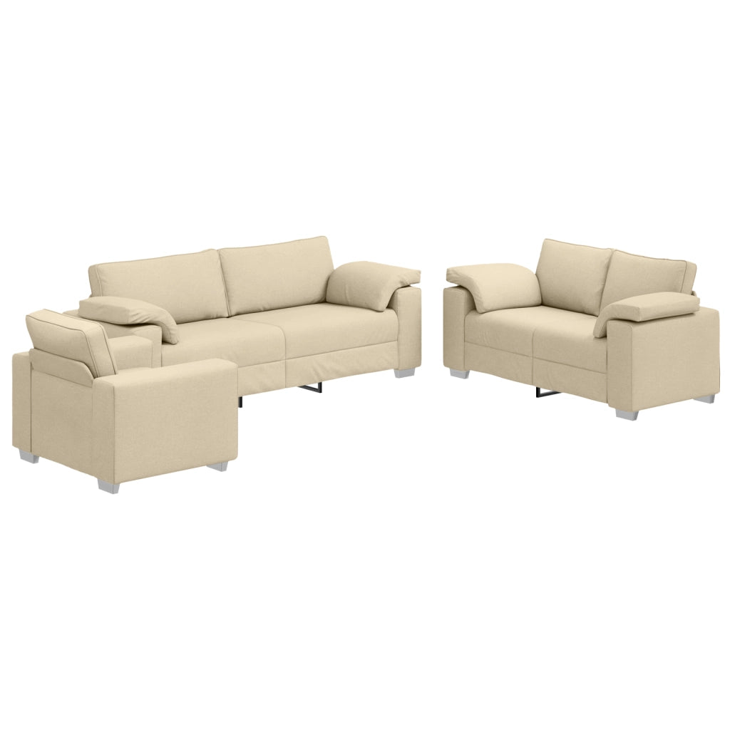 Set Divano 3 Pezzi con Cuscini in Tessuto Crema