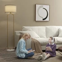 Lampada da Terra Moderna con Paralume in Tessuto, Doppio Tubo Metallico e Interruttore a Pedale, Oro