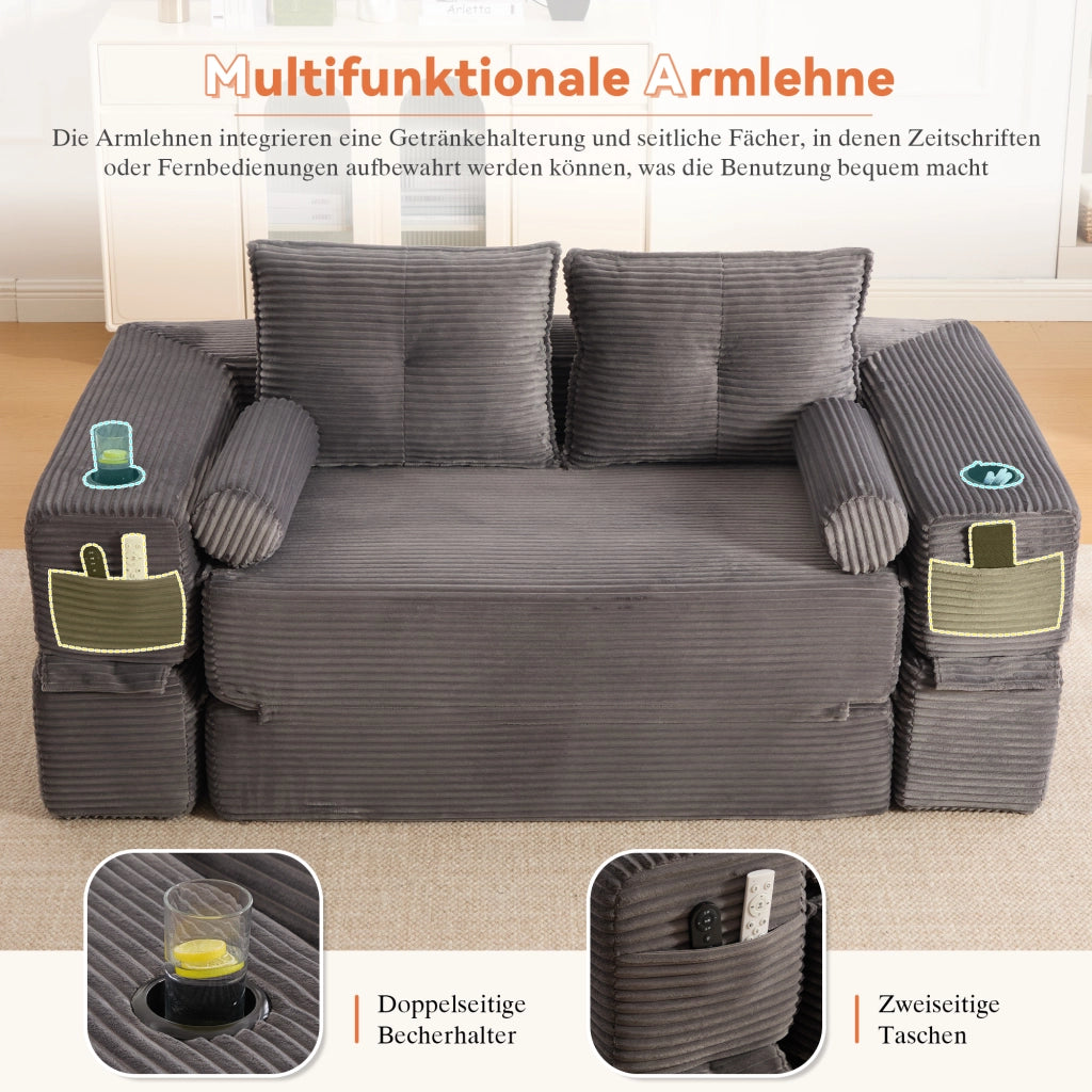 Divano letto modulare in tessuto a coste con tasche laterali, portabicchieri e cuscini memory grigio scuro