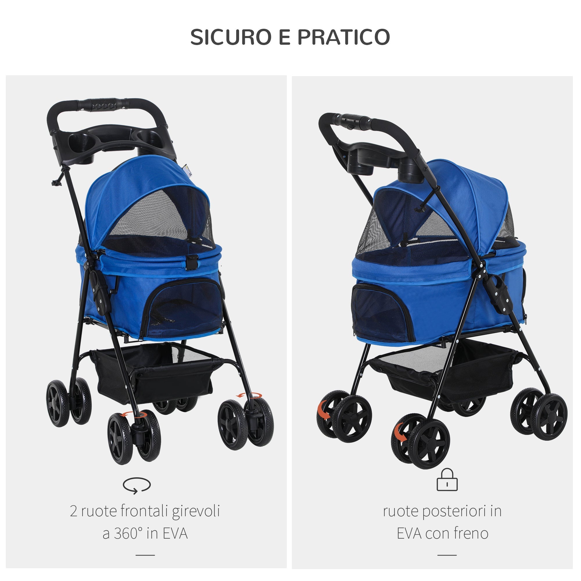 Passeggino per Cani 67x45x96 cm in Acciaio e Tessuto Oxford Blu