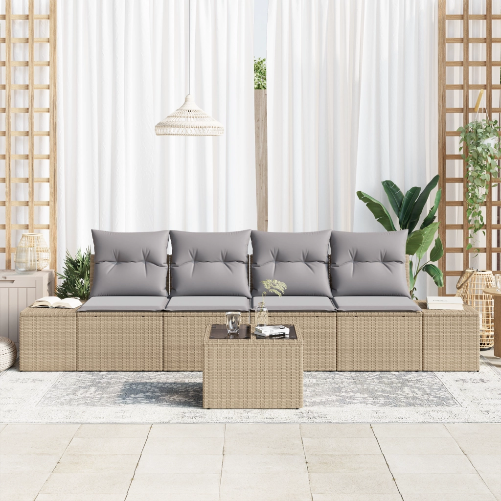 Set Divano da Giardino 5 Pezzi con Cuscini Beige in Polyrattan