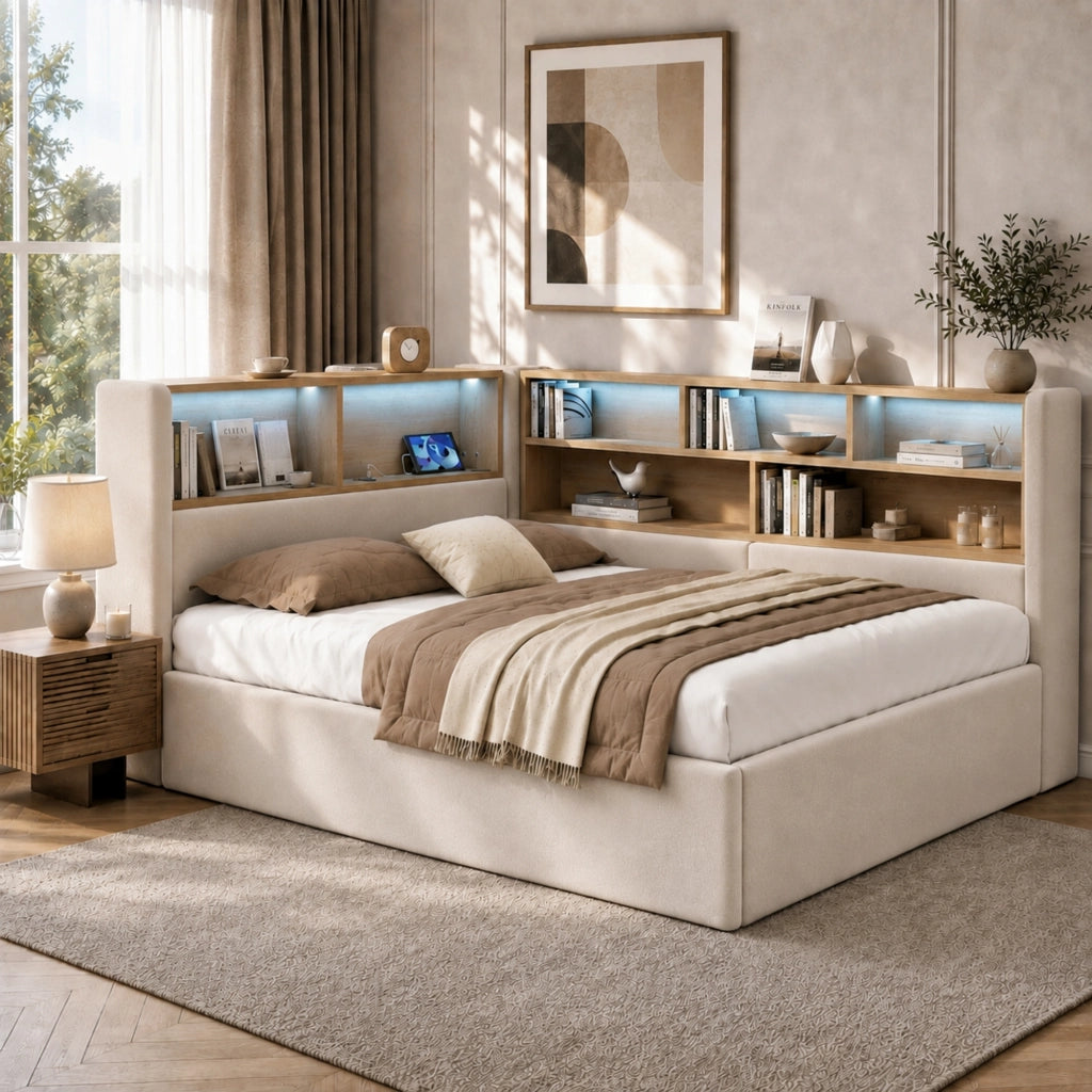 Daybed con contenitore idraulico, LED e USB, 140x200 cm, velluto beige
