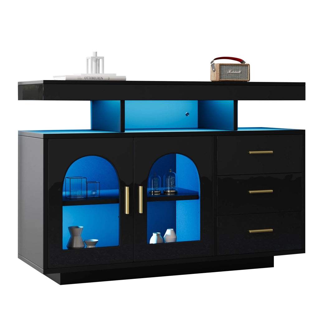 Credenza con LED 16 Colori ¨C Xylo ¨C Nero Lucido, 120 cm, Soggiorno