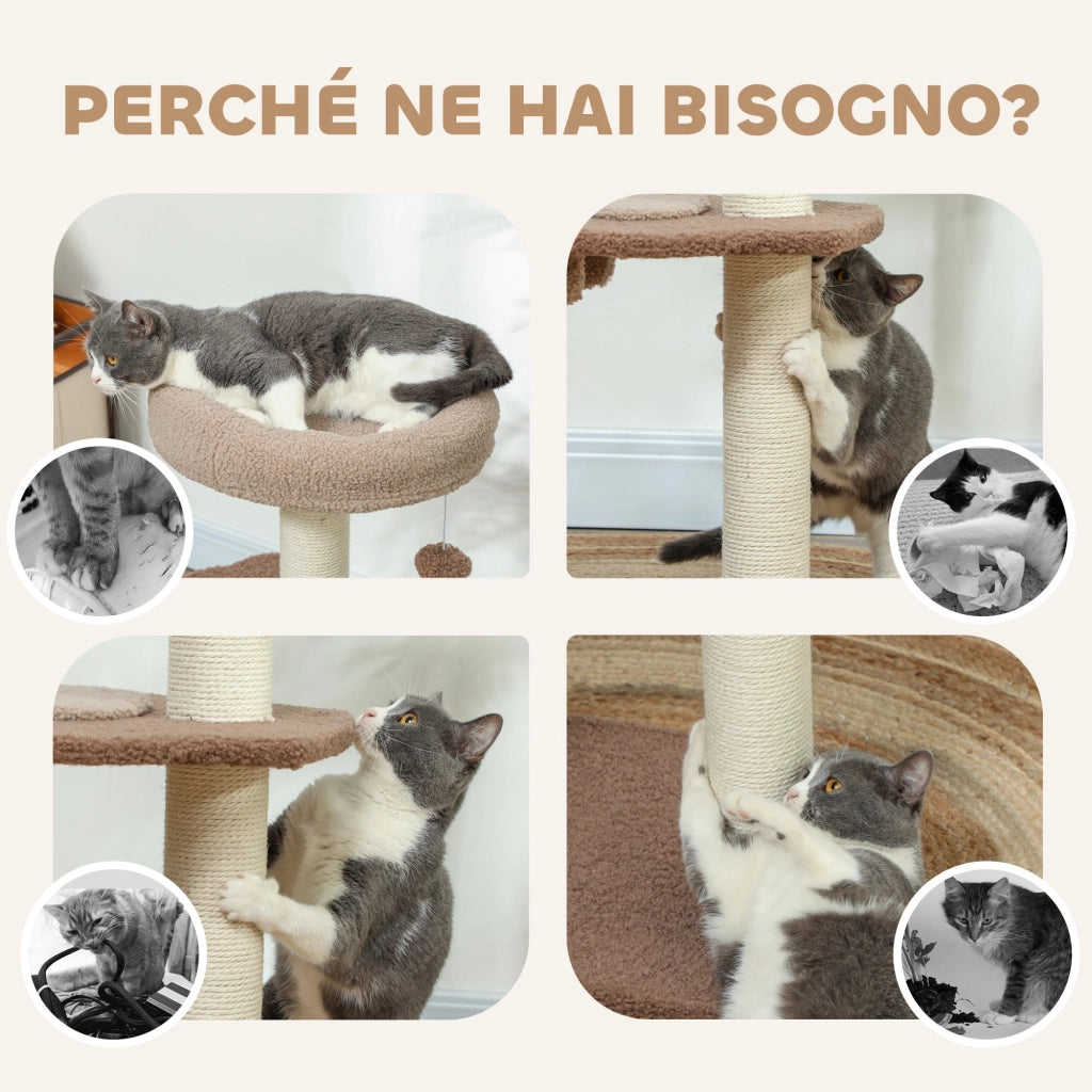 Albero Tiragraffi per Gatti 3 Livelli 48x40x88 cm Cuccia Rialzata in Juta e Peluche Bianco e Marrone