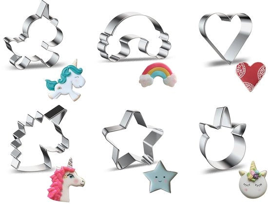Set di stampi per biscotti a forma di unicorno 6 pezzi, con simboli di stella, cuore e arcobaleno, in acciaio inossidabile