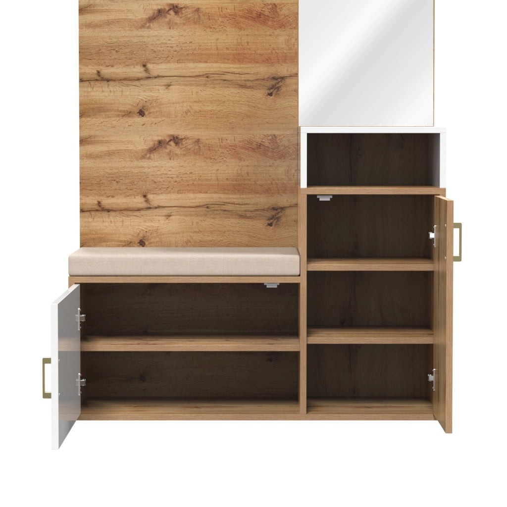Mobile Ingresso con Specchio; Panca e Scarpiera con 2 Scomparti; 4 Ganci e Barra; in MDF; Bianco e Legno; 105¡Á40¡Á190;5 cm