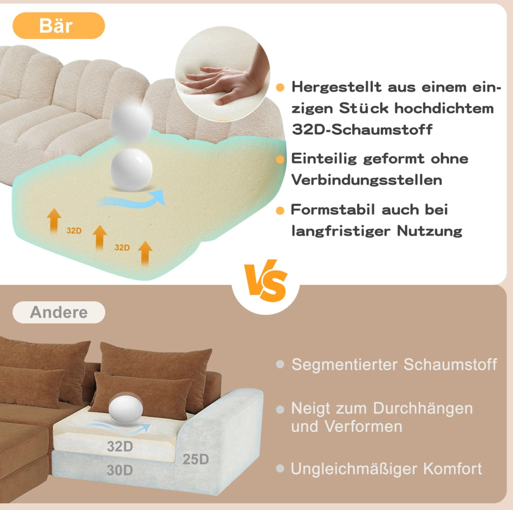 Divano modulare angolare senza struttura; 210x165x79 cm; in granulated fleece beige bianco