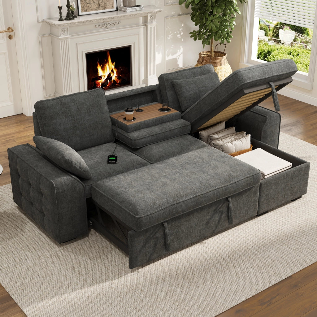 Divano angolare 3 posti in chenille con contenitore, letto estraibile, tavolino con portabicchieri e porta USB, grigio 237x141x86 cm
