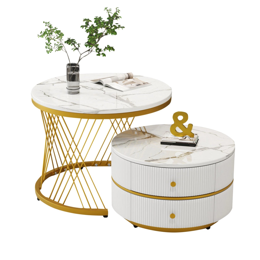 Set di 2 tavolini da caffè rotondi bianchi in MDF con effetto marmo lucido; 60x60x46 cm e 50x50x30;8 cm