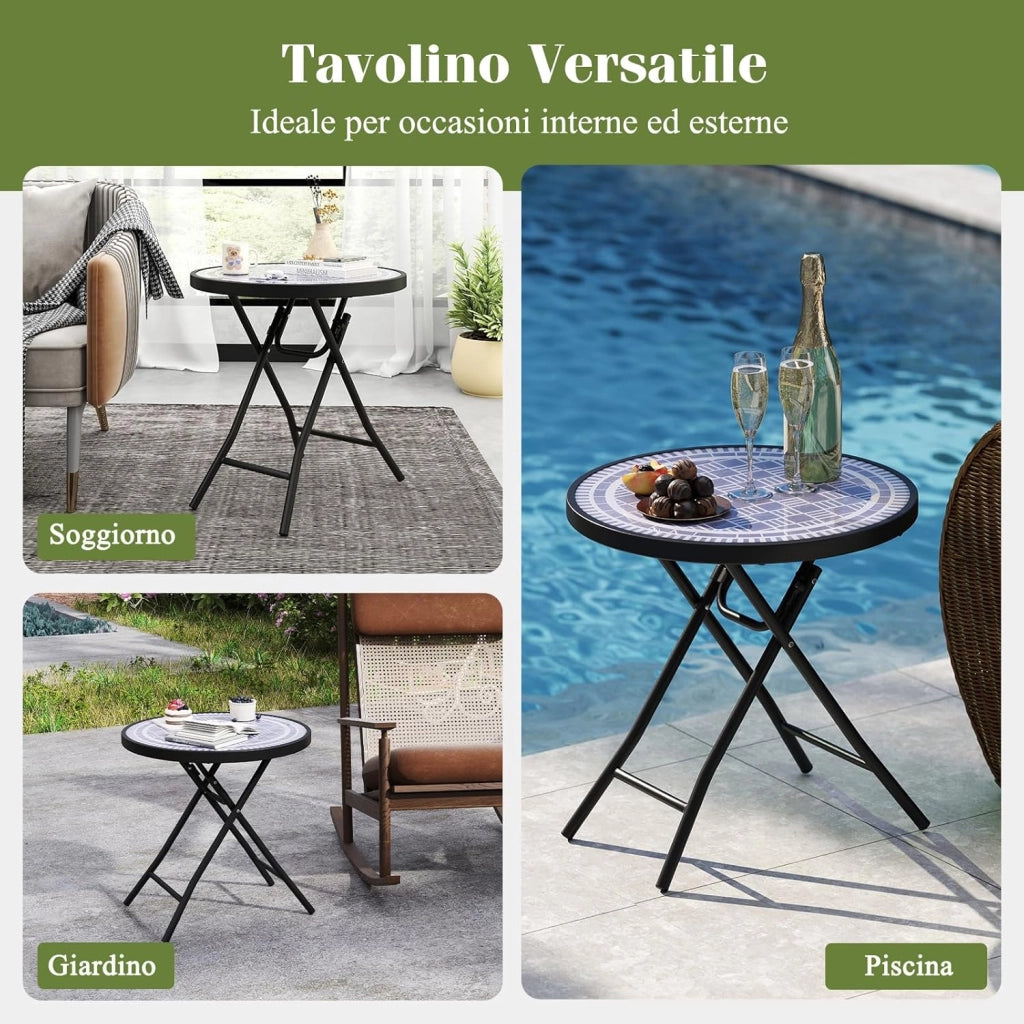 Tavolino da Giardino Pieghevole da 46 cm, Tavolino Rotondo Compatto da Patio, con Piano in Vetro Temperato e Struttura in Metallo, Tavolino Laterale Portata 50 kg (Grigio)