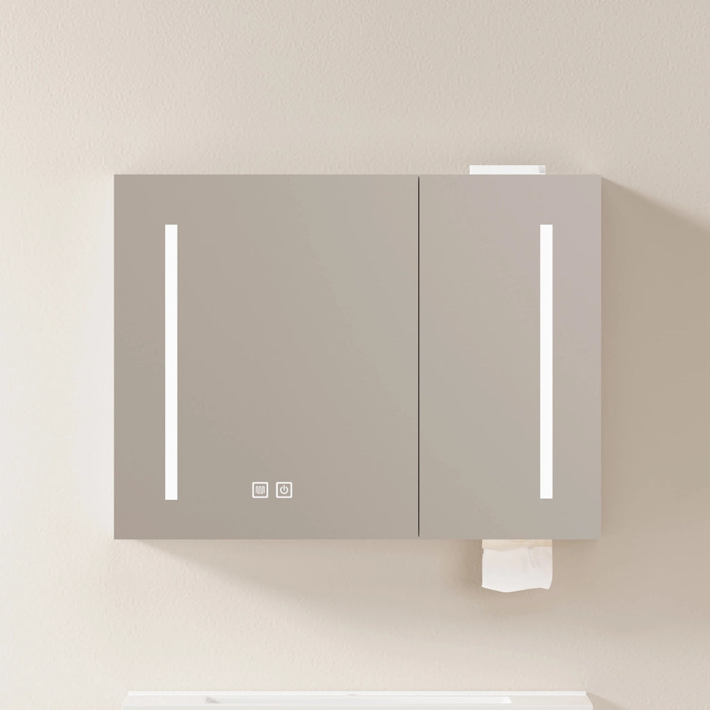 Armadietto a specchio con LED e 2 vani interni per bagno soggiorno e camera da letto in MDF e vetro bianco 80 cm