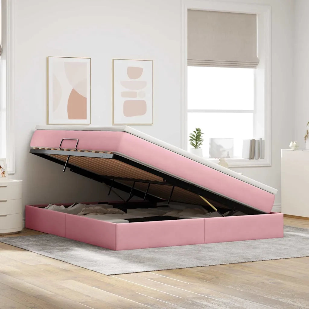 Letto con contenitore e materasso Rosa 160 x 200 cm Velluto