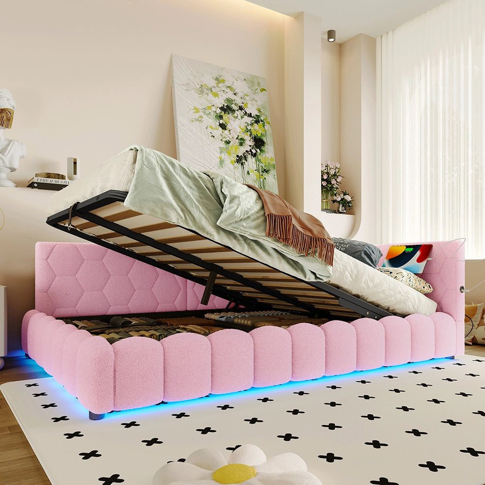 Letto giorno 140x200cm - Xylo - rosa, meccanismo idraulico, USB-C