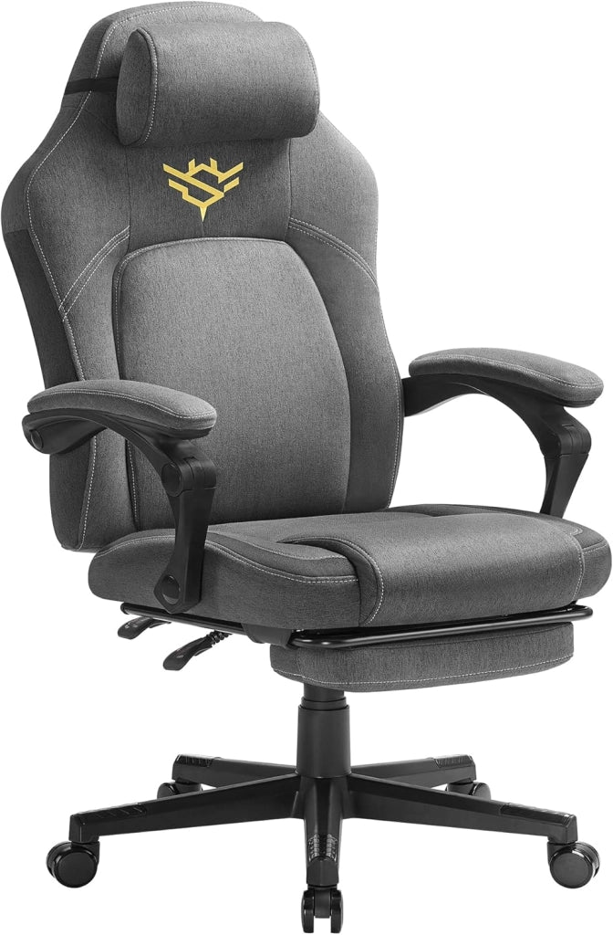 Sedia da Gaming Ergonomica per Computer Con Poggiapiedi e Poggiatesta, Cotone-Lino, Altezza Regolabile, Grigio Tortora OBG072G01