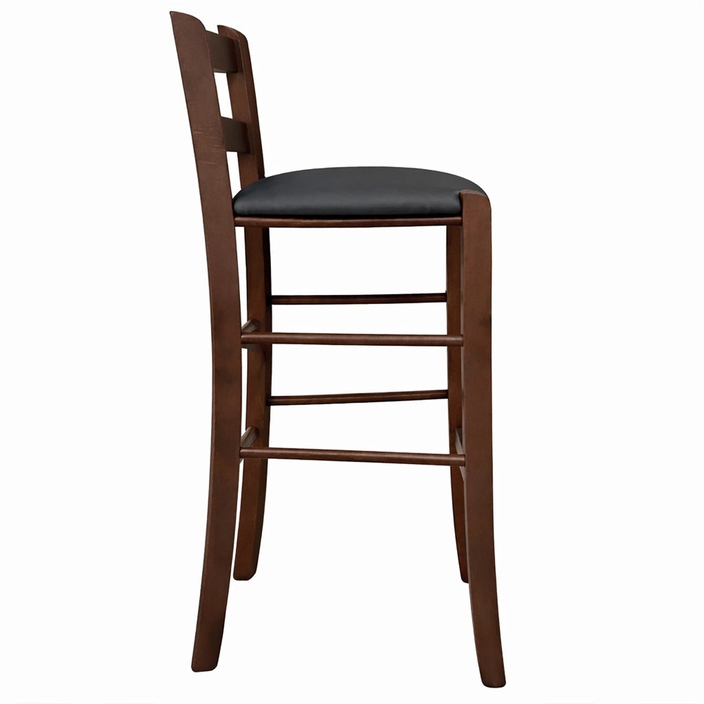 Sgabello in legno noce scuro h 67cm con seduta imbottita in similpelle antracite