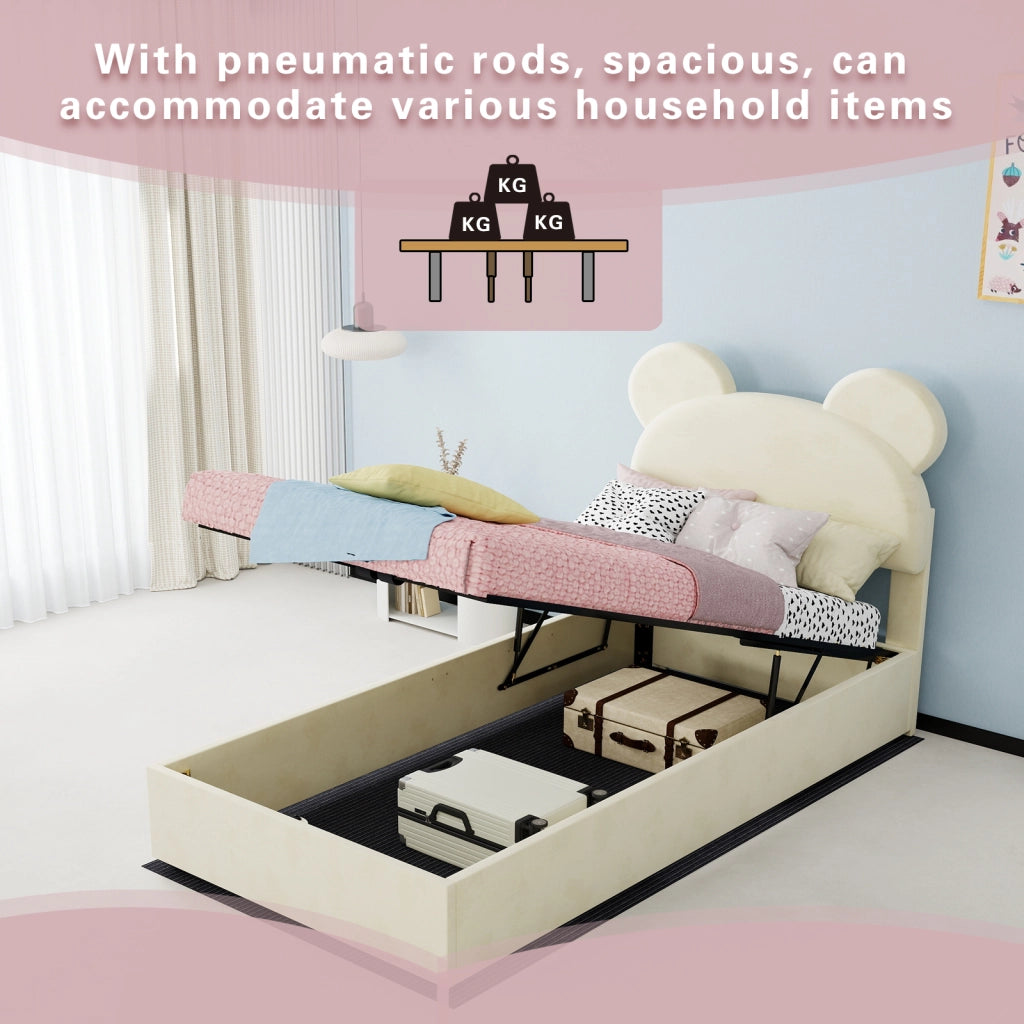 DESMIU Letto per bambini 90 × 200 cm 1 posto con vano contenitore, testiera, senza materasso, beige