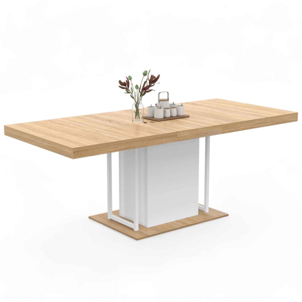 IDMarket - Mesa de comedor extensible UGO 6-10 personas haya y blanco 160-200 cm diseño industrial